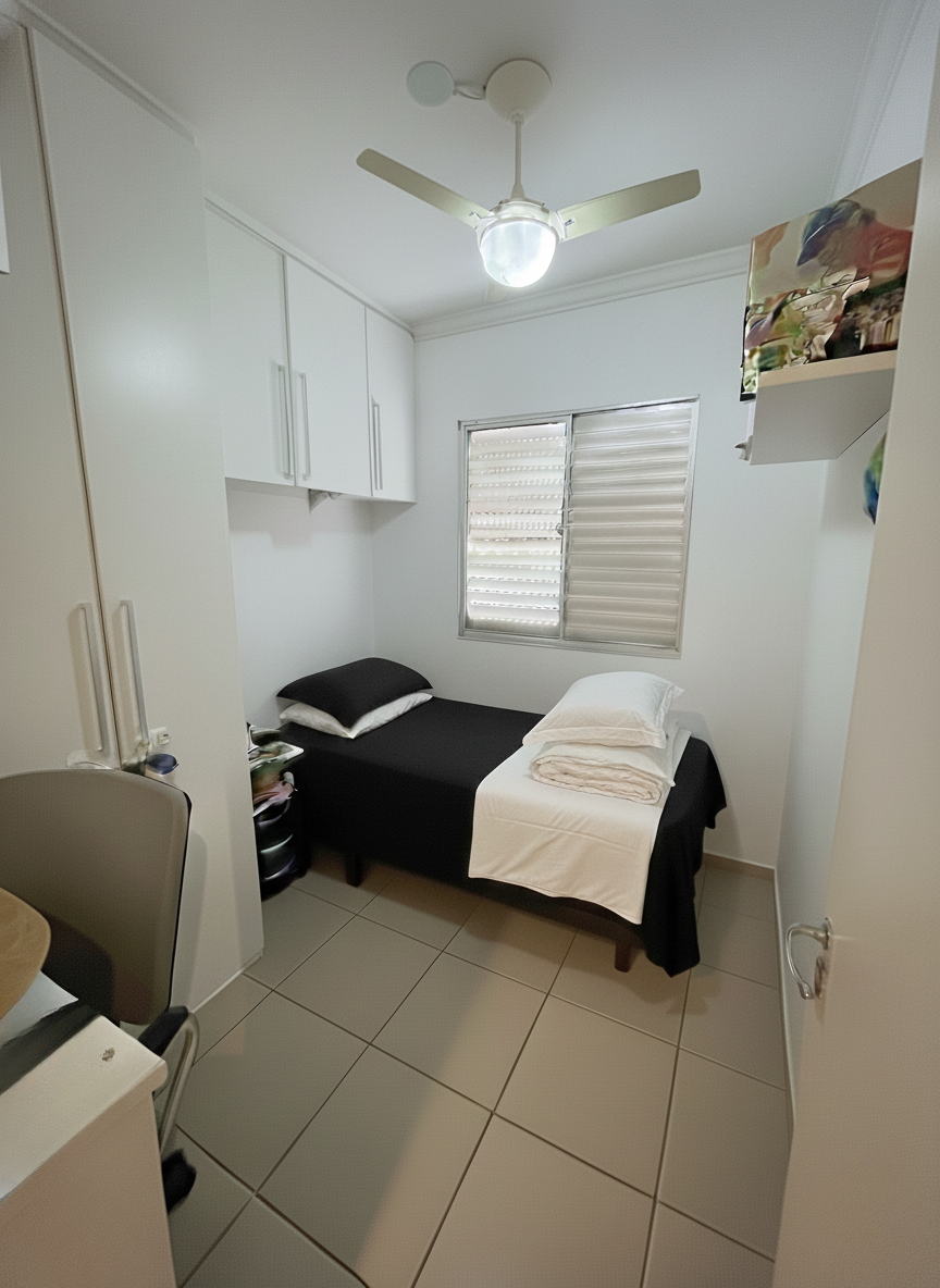 Quarto amplo com ventilador, prateleiras, rico em armários e escrivaninha embutida