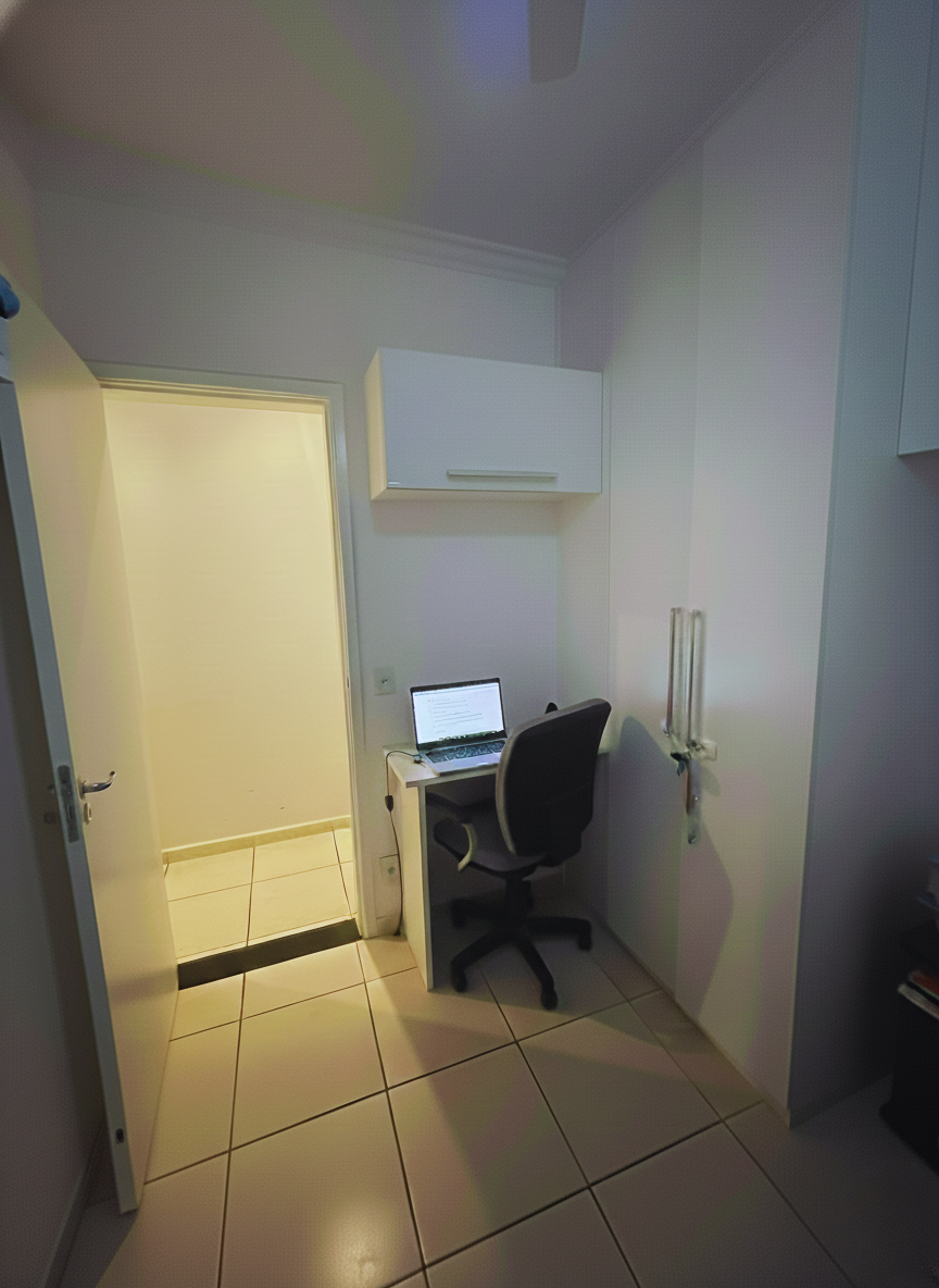 Quarto amplo com ventilador, prateleiras, rico em armários e escrivaninha embutida com cadeira e acabamentos brancos