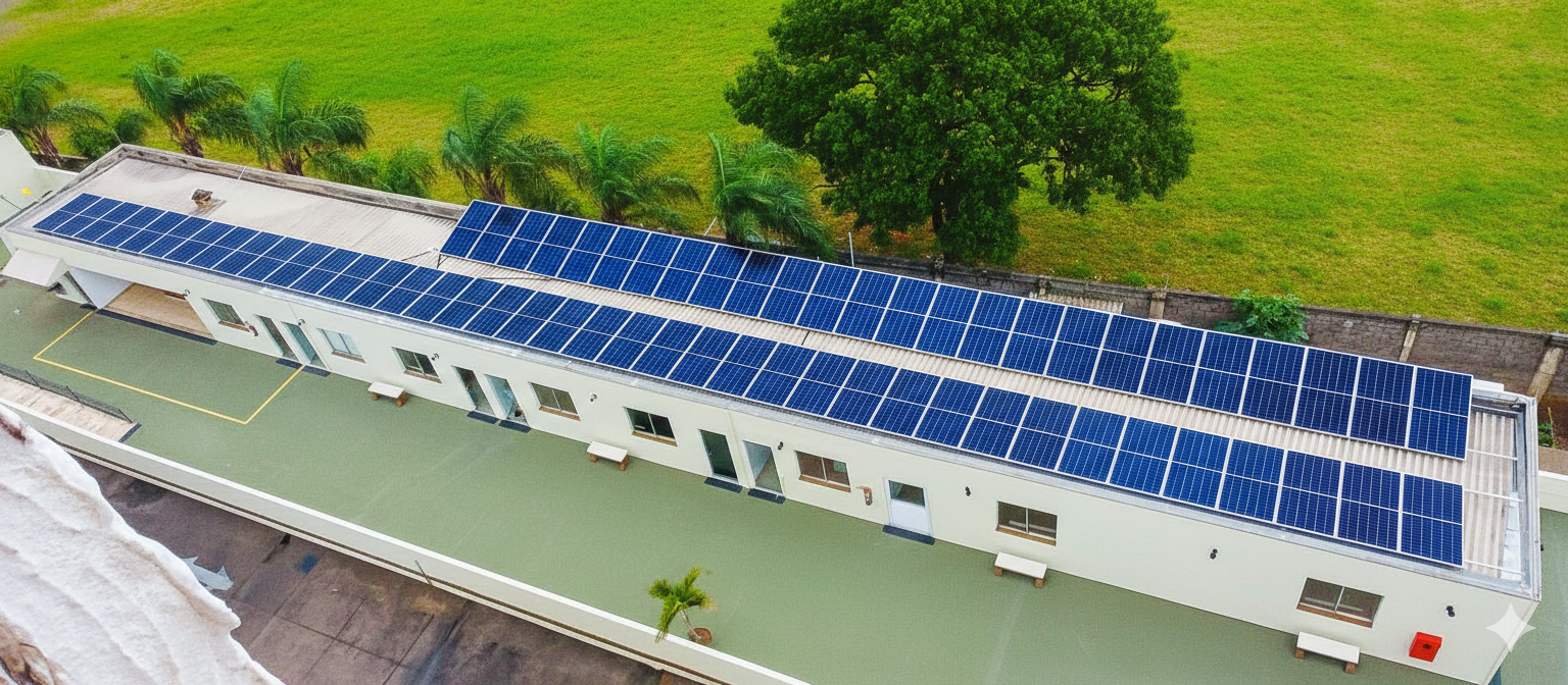 Vista aérea do edifício com painéis solares instalados no telhado fornecendo energia solar para todas as áreas comuns