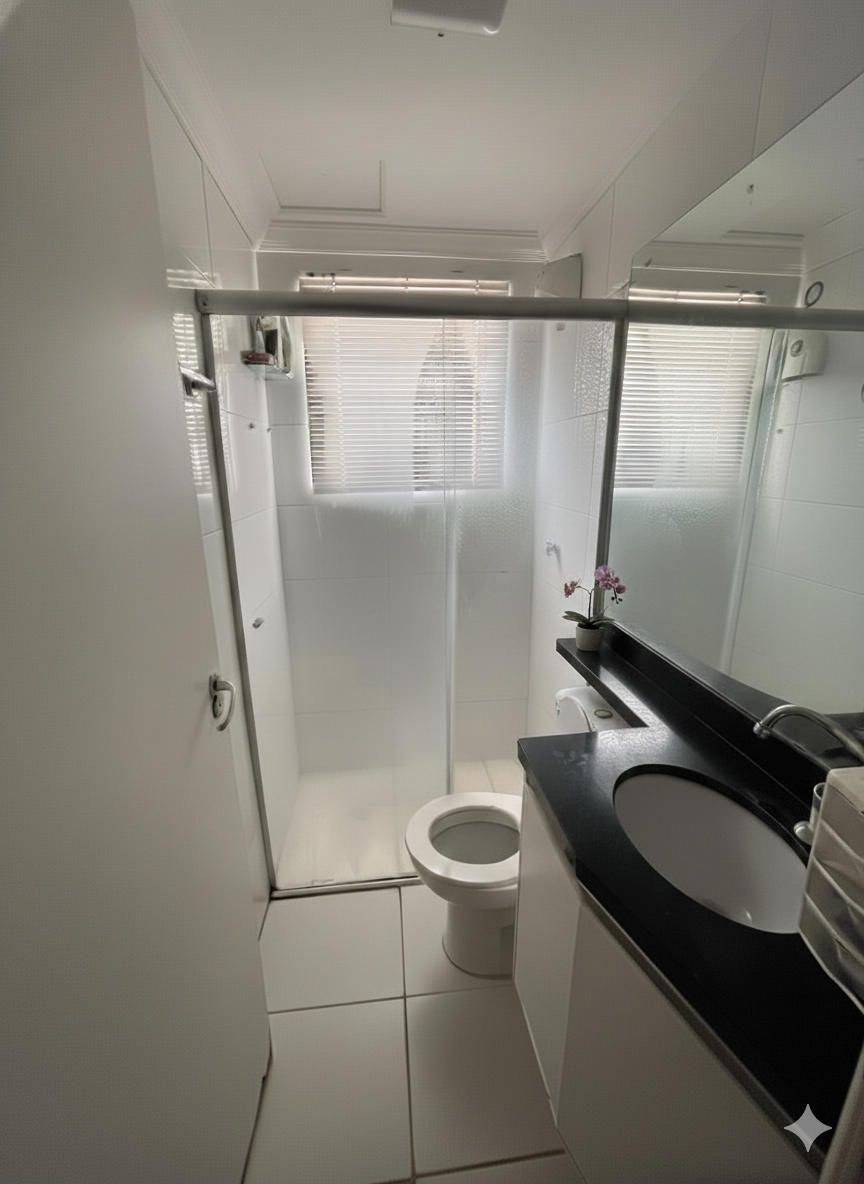 Banheiro suíte luxuoso com gabinete elegante, espelho grande, box de vidro, persiana em inox e acabamentos premium