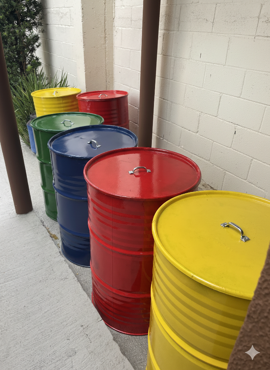 Coleta seletiva com lixeiras coloridas para reciclagem separada de resíduos recolhidos por cooperativa