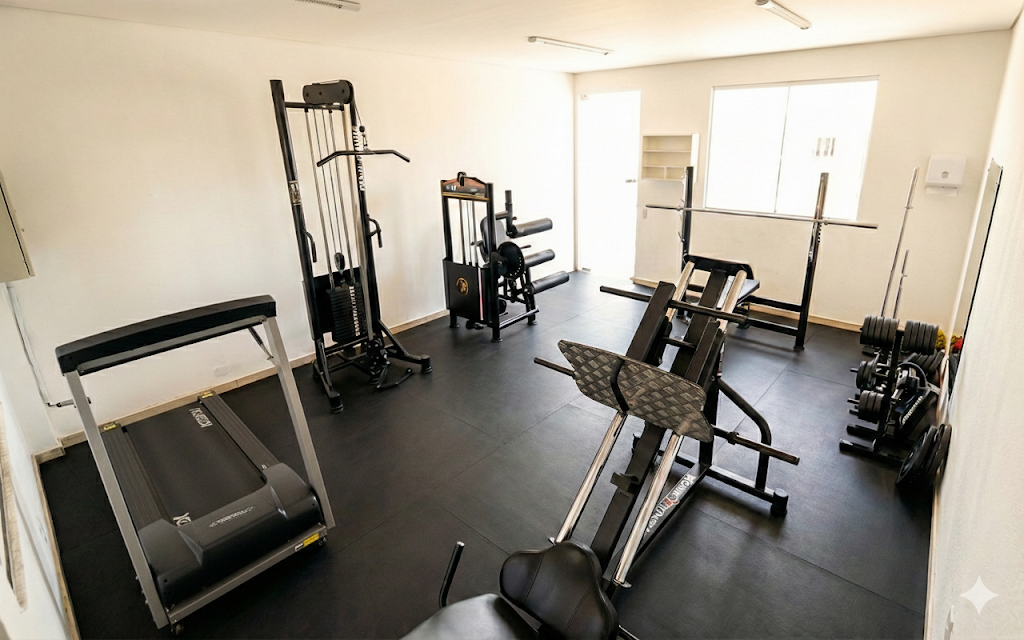 Academia moderna com ar condicionado, Esteira Ergométrica, Leg Press 45°, Pulley, Cadeira Extensora/Flexora, Suporte de Agachamento/Supino, Halteres, Anilhas, corda e suporte para flexão de solo